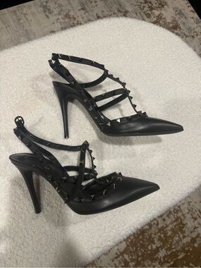 Valentino Black Leather Rockstud Pointed Slingback Heels